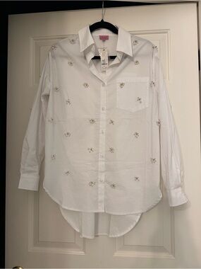 Francesca's Collections White Button-Down Shirt with Pearl Embellishments